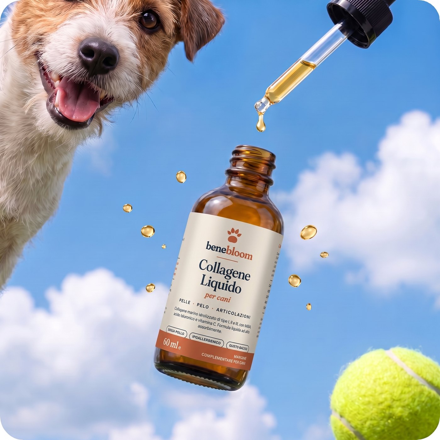 Un cane felice, il flacone di Benebloom Collagene Liquido e una pallina da tennis nel cielo